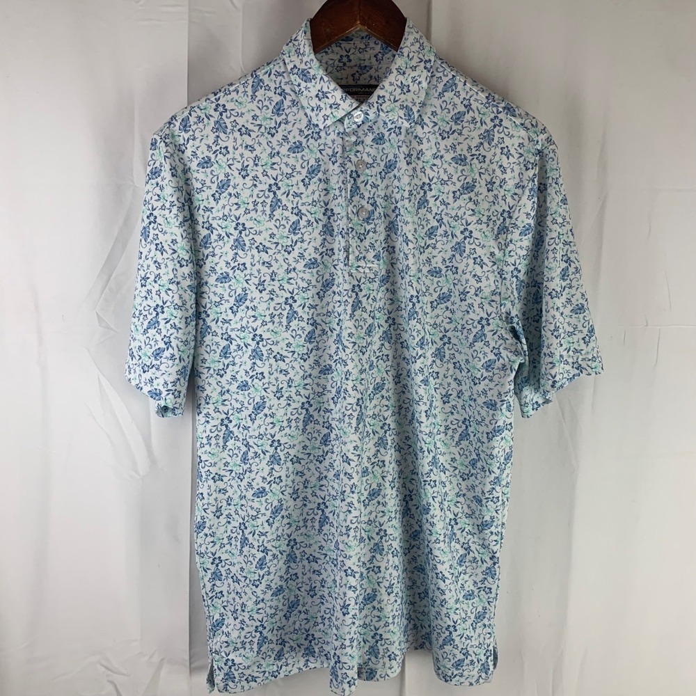 Roundtree & Yorke Performance Polo Mens Small Blue Floral Tropical Stretch Shirt